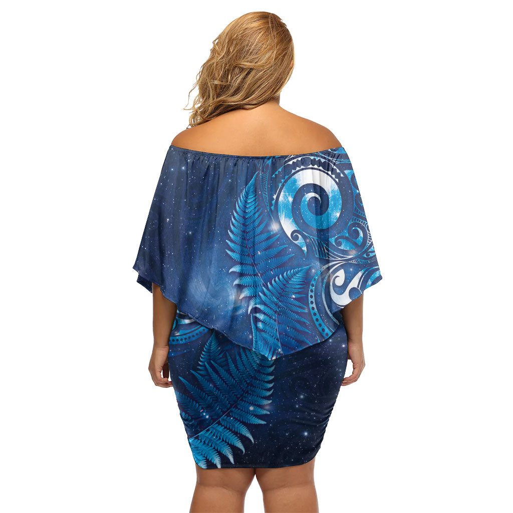 Aotearoa New Zealand New Year Off Shoulder Short Dress Tribal Koru Tattoo Blue Galaxy Maori Silver Fern