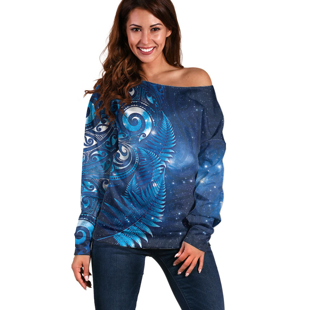 Aotearoa New Zealand New Year Off Shoulder Sweater Tribal Koru Tattoo Blue Galaxy Maori Silver Fern