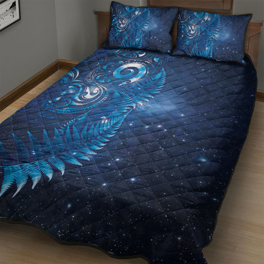 Aotearoa New Zealand New Year Quilt Bed Set Tribal Koru Tattoo Blue Galaxy Maori Silver Fern