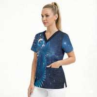 Aotearoa New Zealand New Year Scrub Top Tribal Koru Tattoo Blue Galaxy Maori Silver Fern