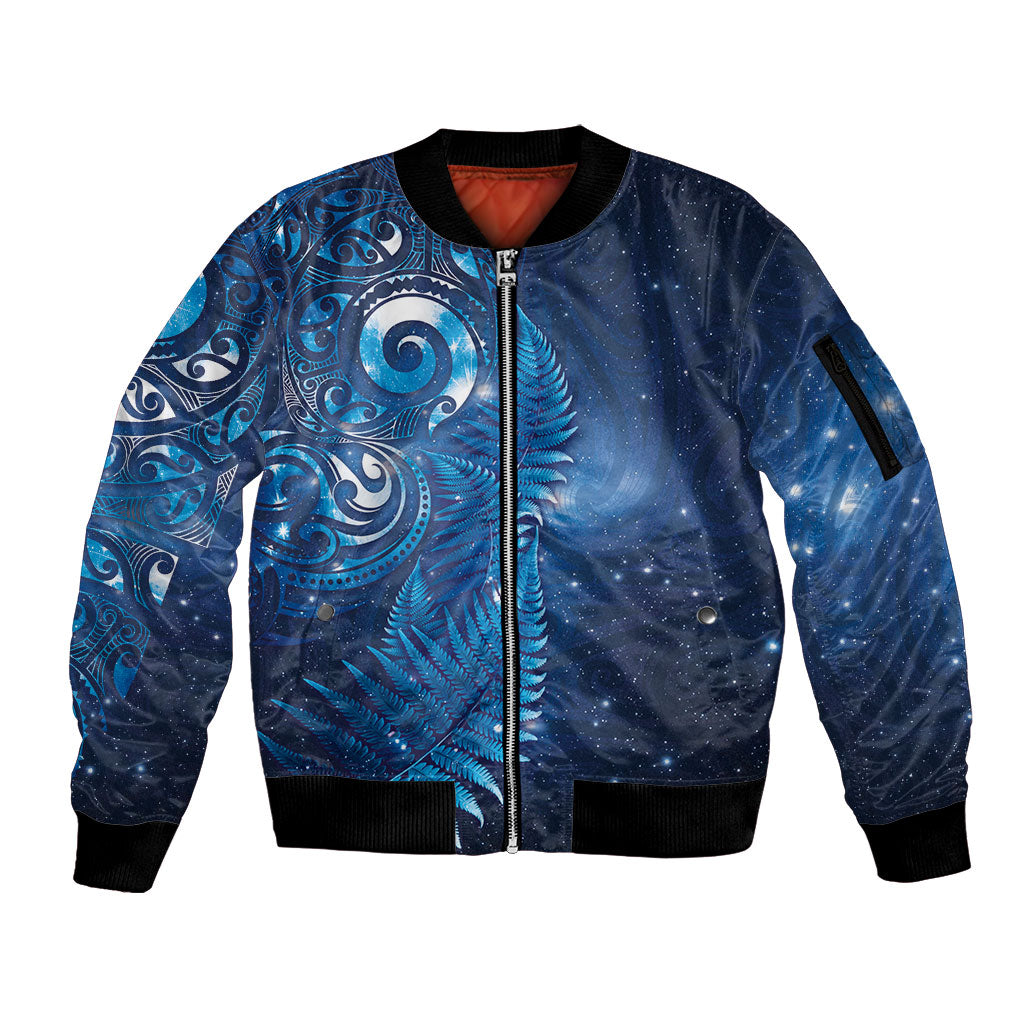 Aotearoa New Zealand New Year Sleeve Zip Bomber Jacket Tribal Koru Tattoo Blue Galaxy Maori Silver Fern LT03 Unisex Blue - Polynesian Pride