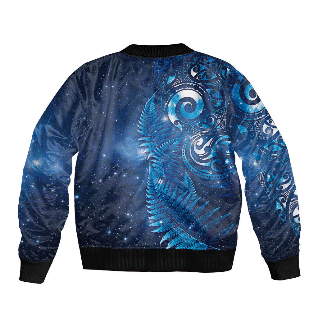 Aotearoa New Zealand New Year Sleeve Zip Bomber Jacket Tribal Koru Tattoo Blue Galaxy Maori Silver Fern