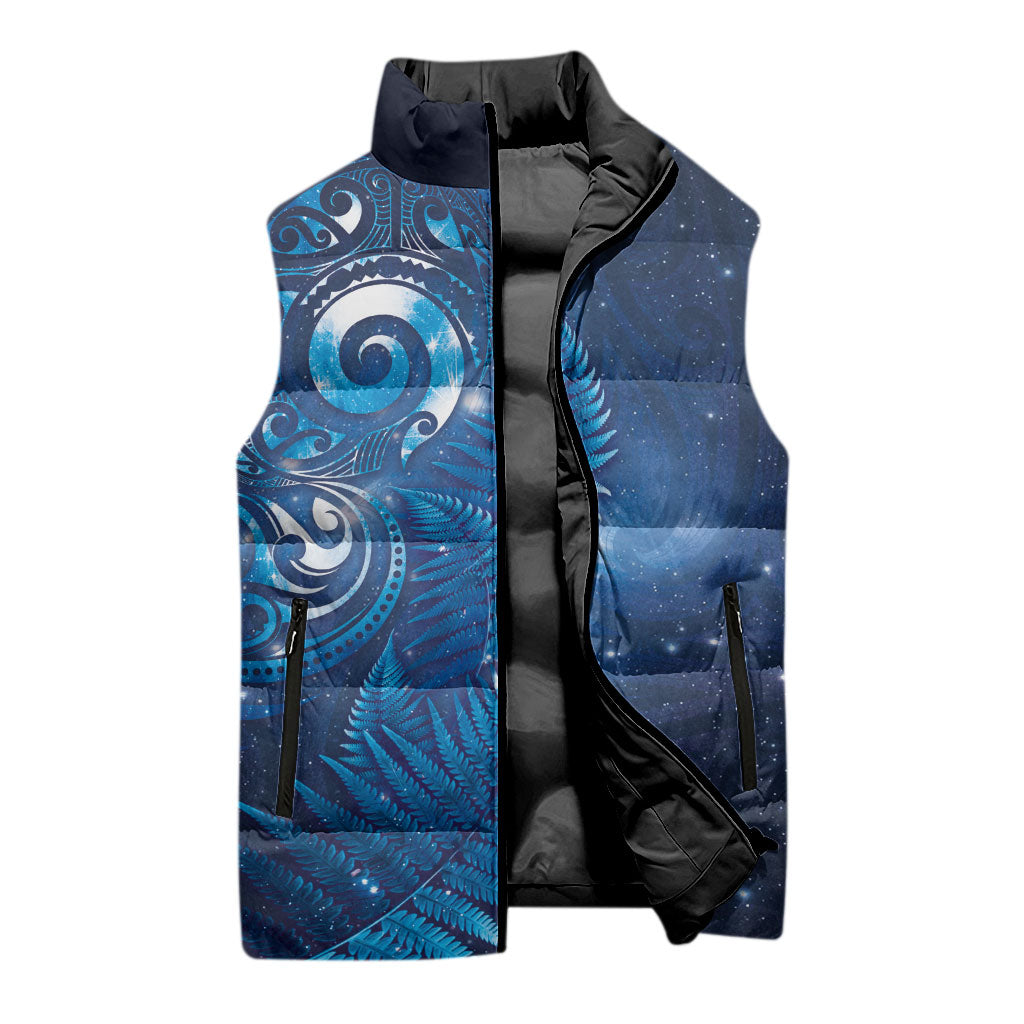Aotearoa New Zealand New Year Sleeveless Puffer Jacket Tribal Koru Tattoo Blue Galaxy Maori Silver Fern