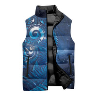 Aotearoa New Zealand New Year Sleeveless Puffer Jacket Tribal Koru Tattoo Blue Galaxy Maori Silver Fern