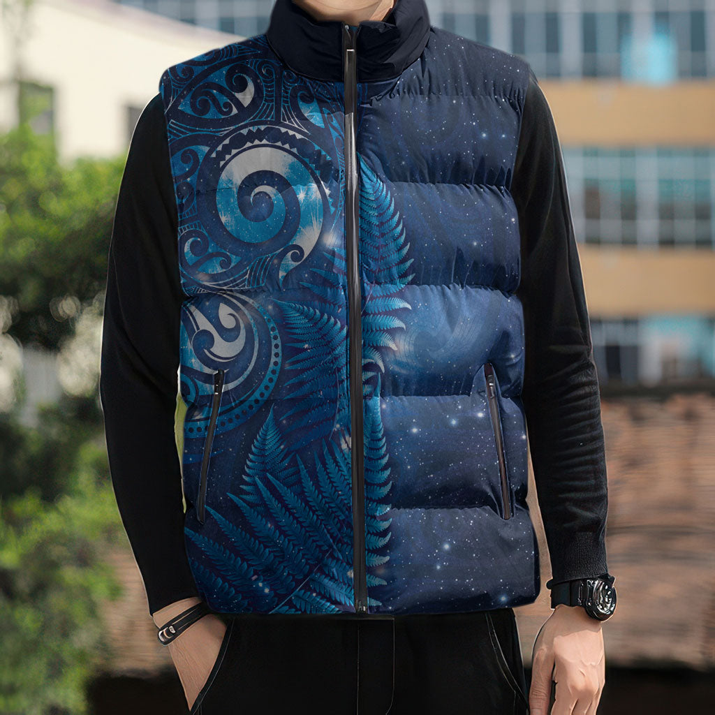 Aotearoa New Zealand New Year Sleeveless Puffer Jacket Tribal Koru Tattoo Blue Galaxy Maori Silver Fern