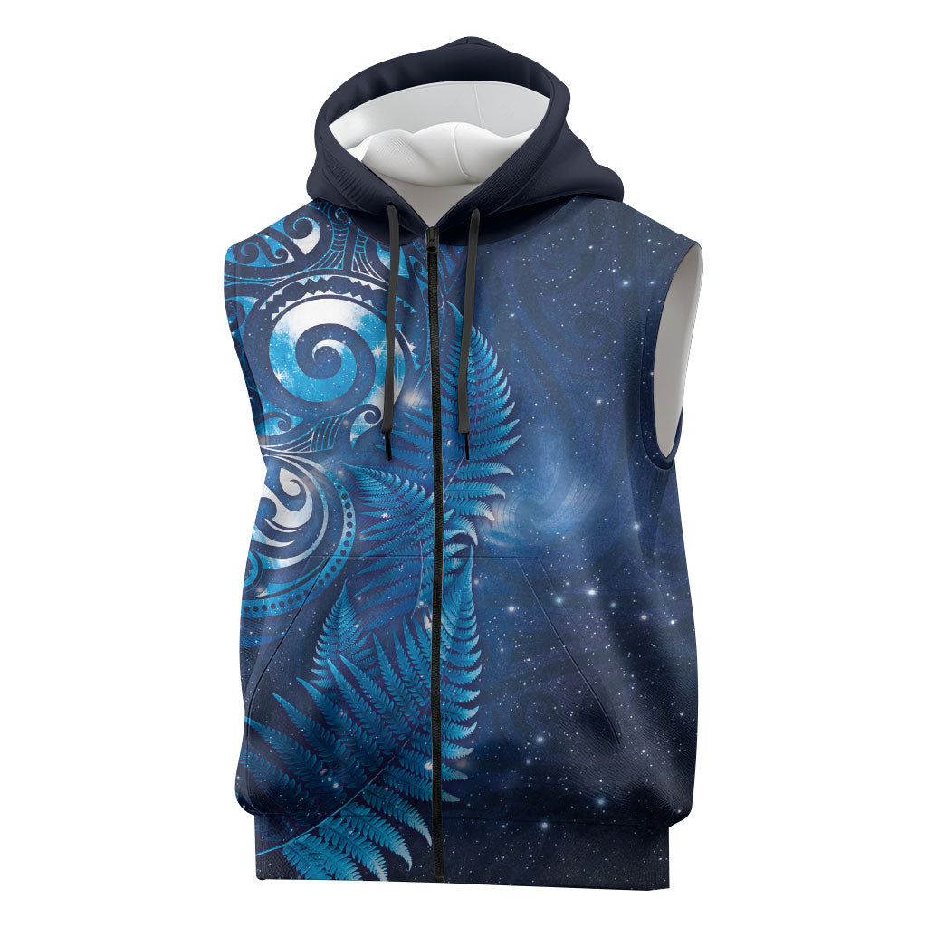 Aotearoa New Zealand New Year Sleeveless Zip Hoodie Tribal Koru Tattoo Blue Galaxy Maori Silver Fern LT03 Blue - Polynesian Pride