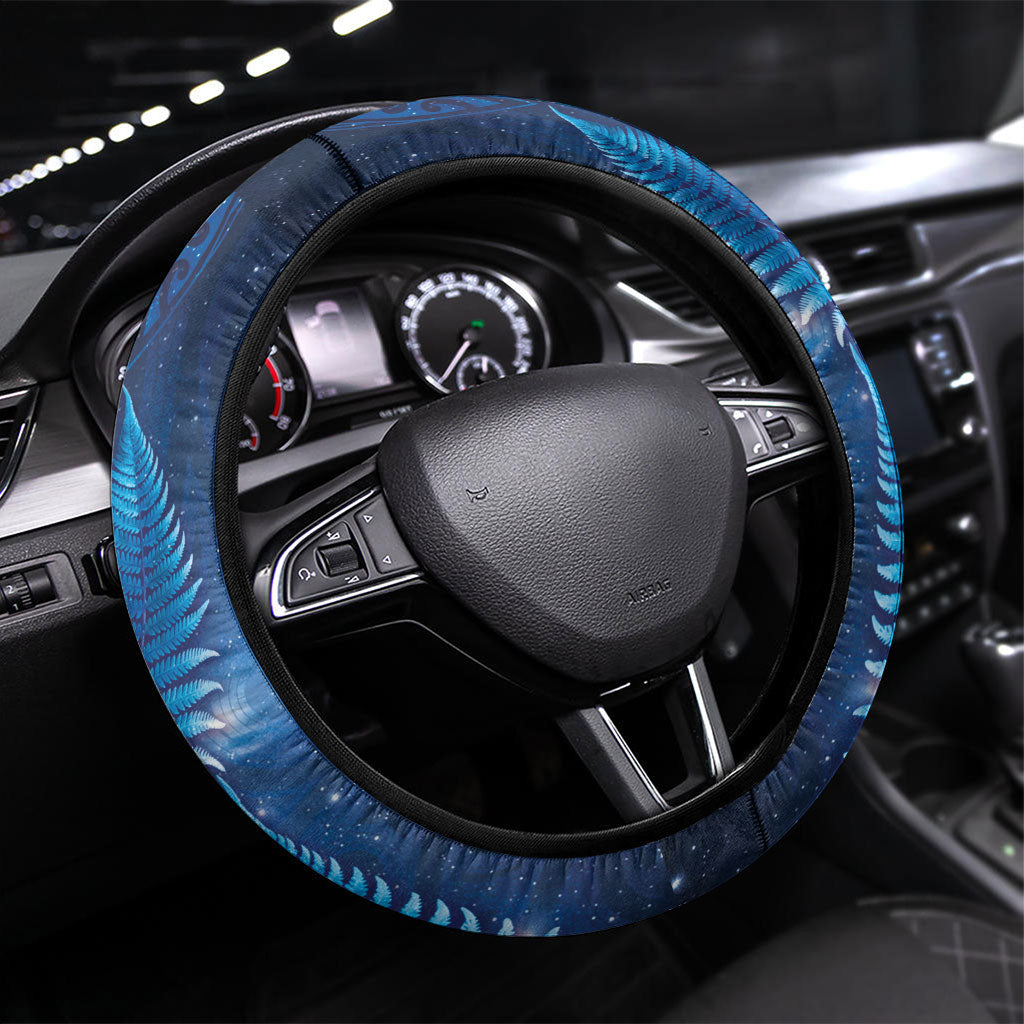 Aotearoa New Zealand New Year Steering Wheel Cover Tribal Koru Tattoo Blue Galaxy Maori Silver Fern LT03 Universal Fit Blue - Polynesian Pride