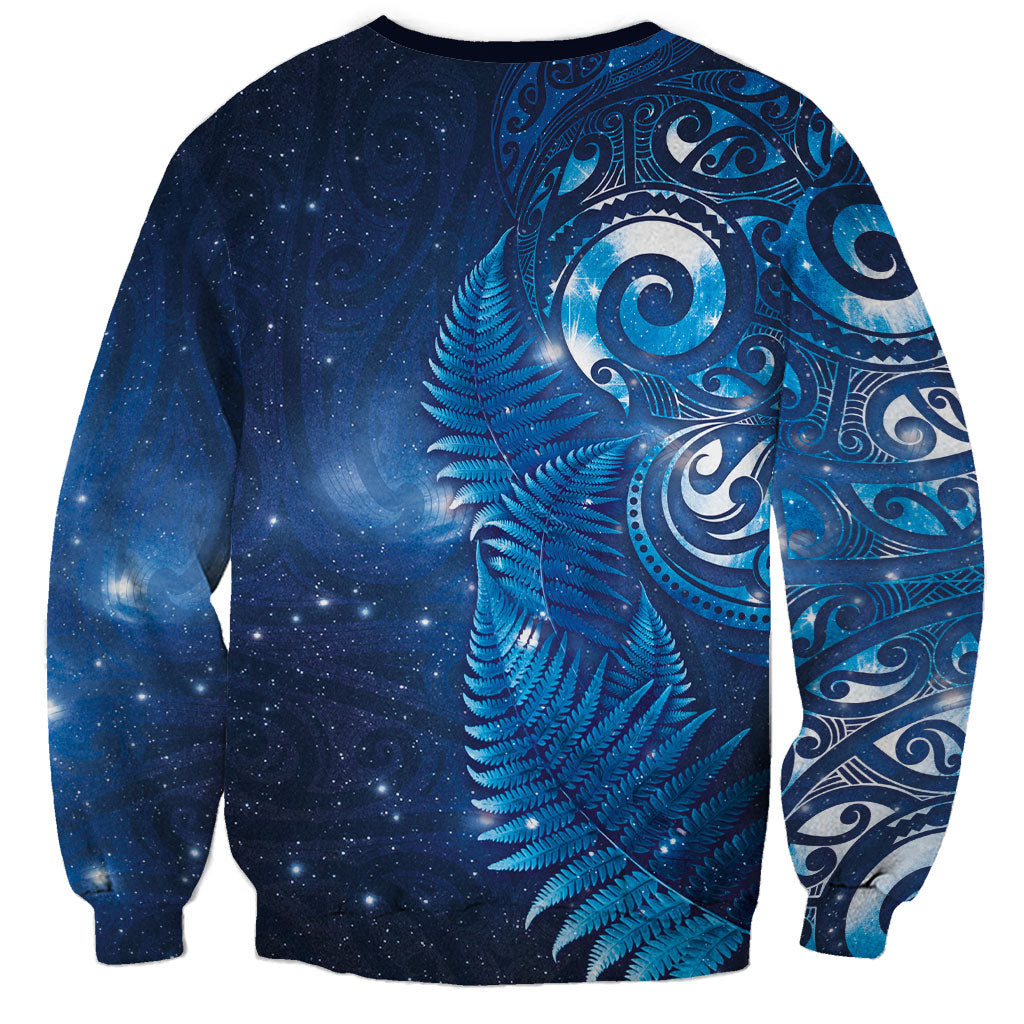 Aotearoa New Zealand New Year Sweatshirt Tribal Koru Tattoo Blue Galaxy Maori Silver Fern
