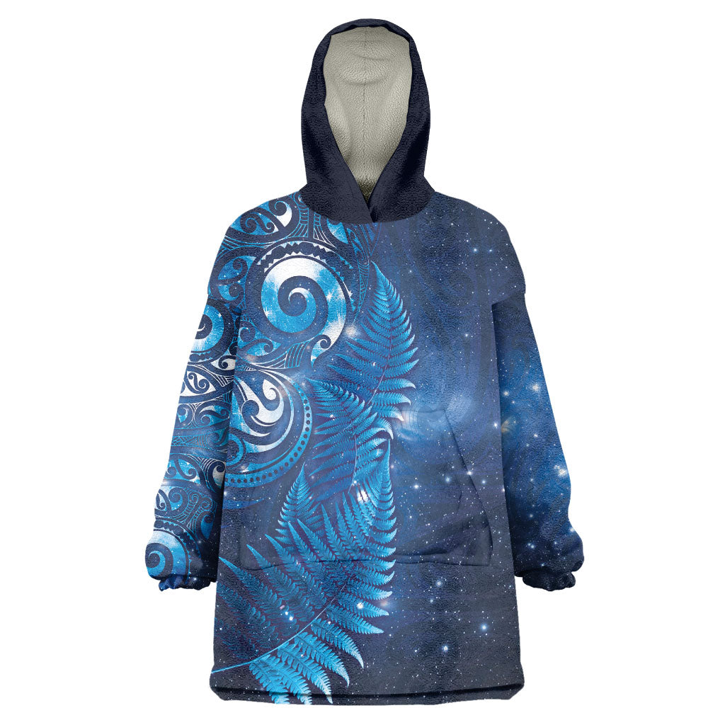 Aotearoa New Zealand New Year Wearable Blanket Hoodie Tribal Koru Tattoo Blue Galaxy Maori Silver Fern