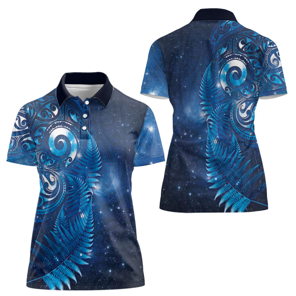 Aotearoa New Zealand New Year Women Polo Shirt Tribal Koru Tattoo Blue Galaxy Maori Silver Fern LT03 - Polynesian Pride