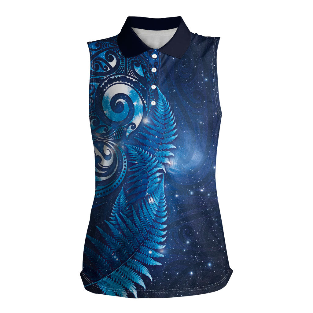 Aotearoa New Zealand New Year Women Sleeveless Polo Shirt Tribal Koru Tattoo Blue Galaxy Maori Silver Fern LT03 Female Blue - Polynesian Pride
