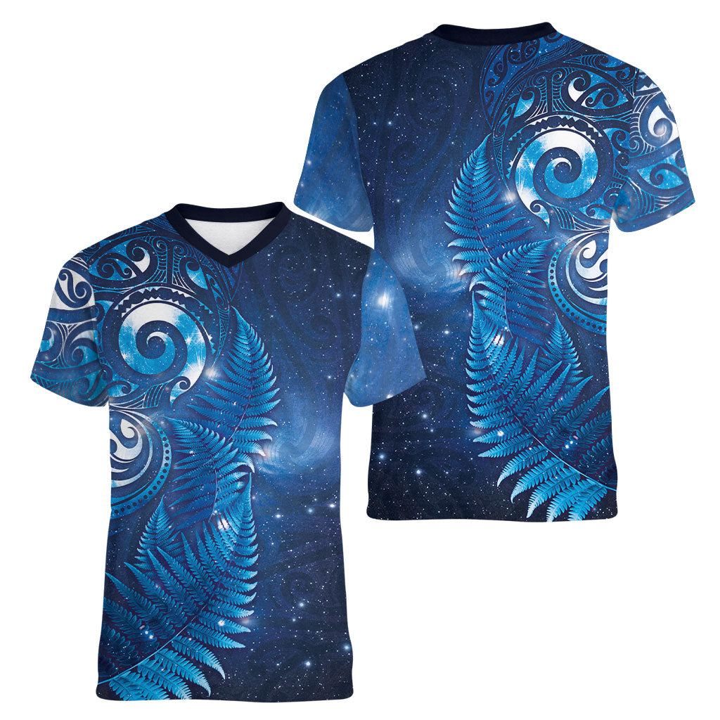Aotearoa New Zealand New Year Women V-Neck T-Shirt Tribal Koru Tattoo Blue Galaxy Maori Silver Fern LT03 - Polynesian Pride