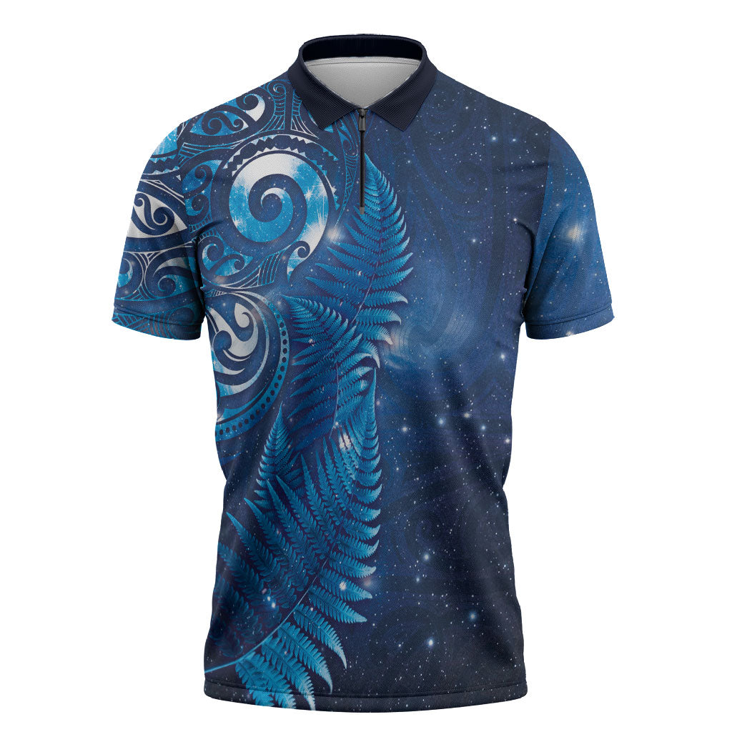 Aotearoa New Zealand New Year Zipper Polo Shirt Tribal Koru Tattoo Blue Galaxy Maori Silver Fern LT03 Blue - Polynesian Pride