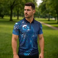 Aotearoa New Zealand New Year Zipper Polo Shirt Tribal Koru Tattoo Blue Galaxy Maori Silver Fern LT03 - Polynesian Pride