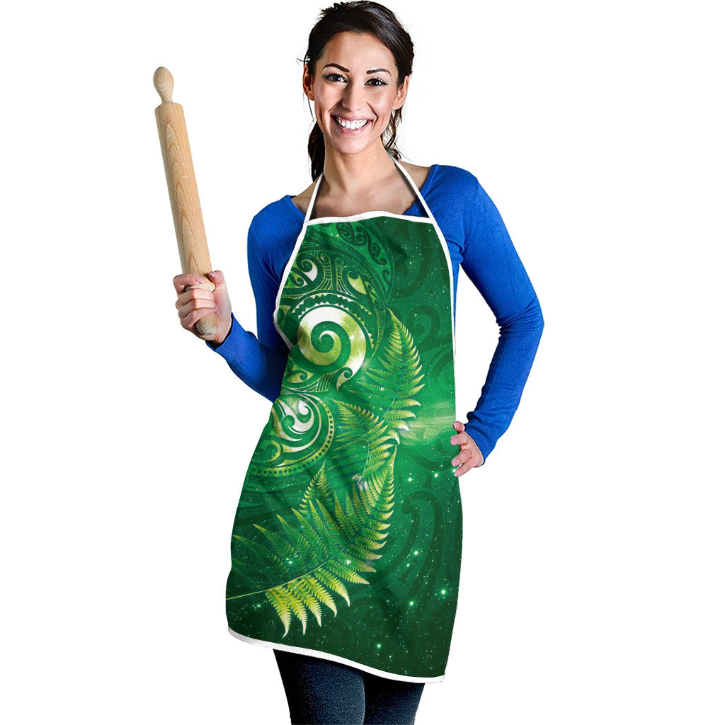 Aotearoa New Zealand New Year Apron Tribal Koru Tattoo Green Galaxy Maori Silver Fern