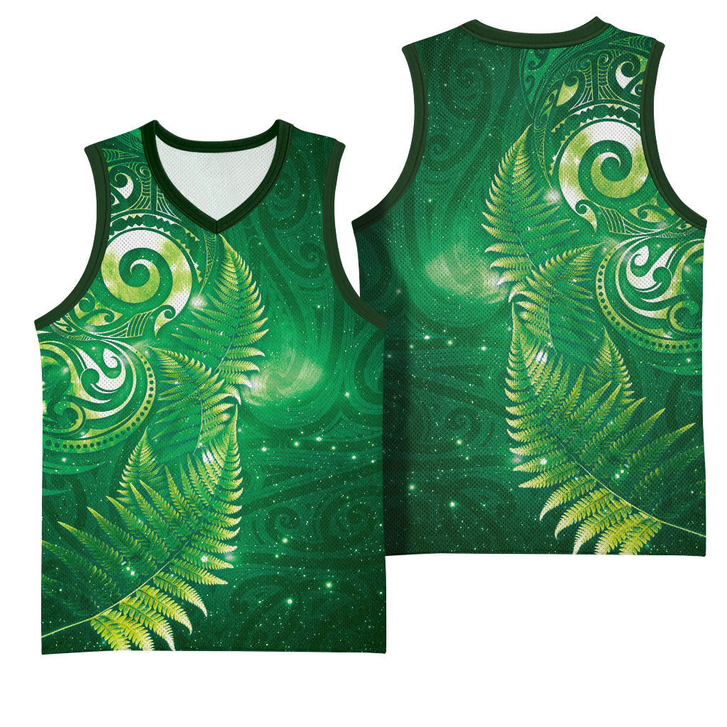 Aotearoa New Zealand New Year Basketball Jersey Tribal Koru Tattoo Green Galaxy Maori Silver Fern LT03 - Polynesian Pride