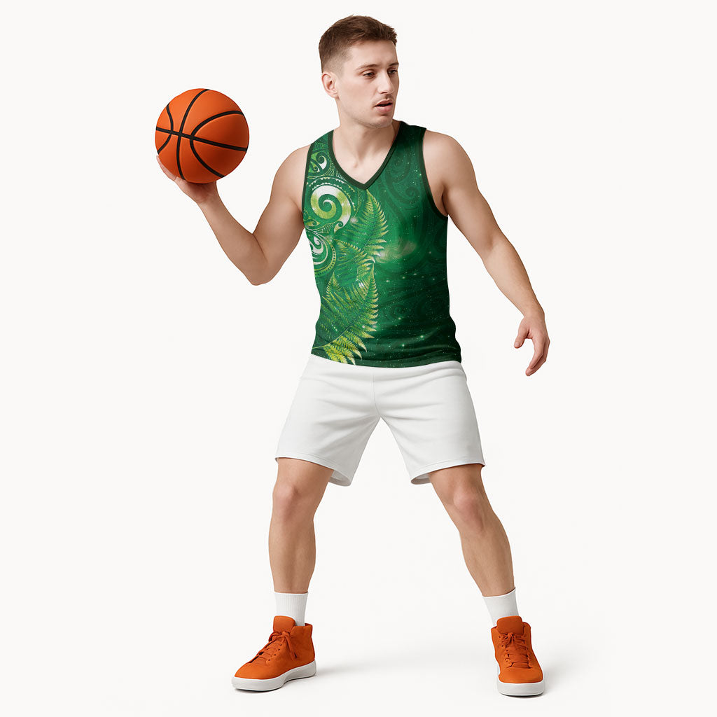 Aotearoa New Zealand New Year Basketball Jersey Tribal Koru Tattoo Green Galaxy Maori Silver Fern LT03 - Polynesian Pride