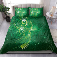 Aotearoa New Zealand New Year Bedding Set Tribal Koru Tattoo Green Galaxy Maori Silver Fern