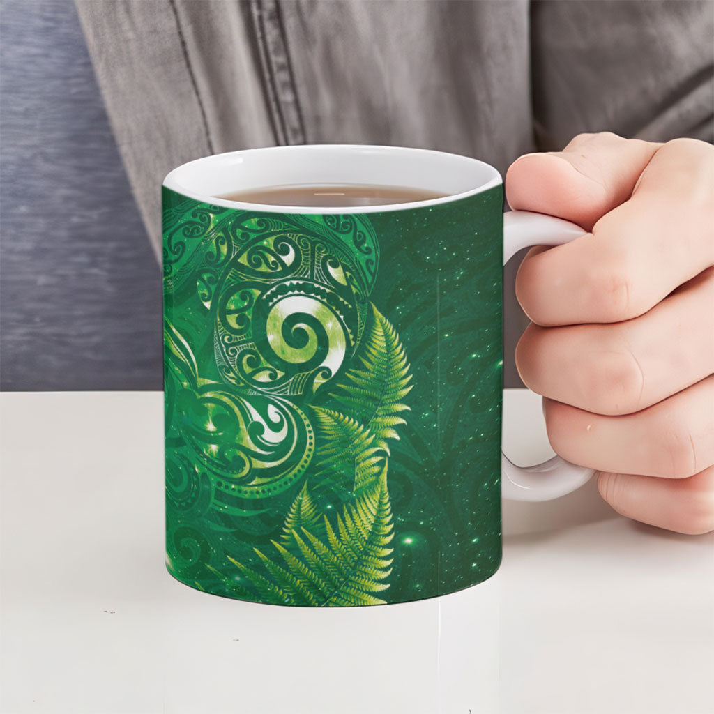 Aotearoa New Zealand New Year Ceramic Mug Tribal Koru Tattoo Green Galaxy Maori Silver Fern