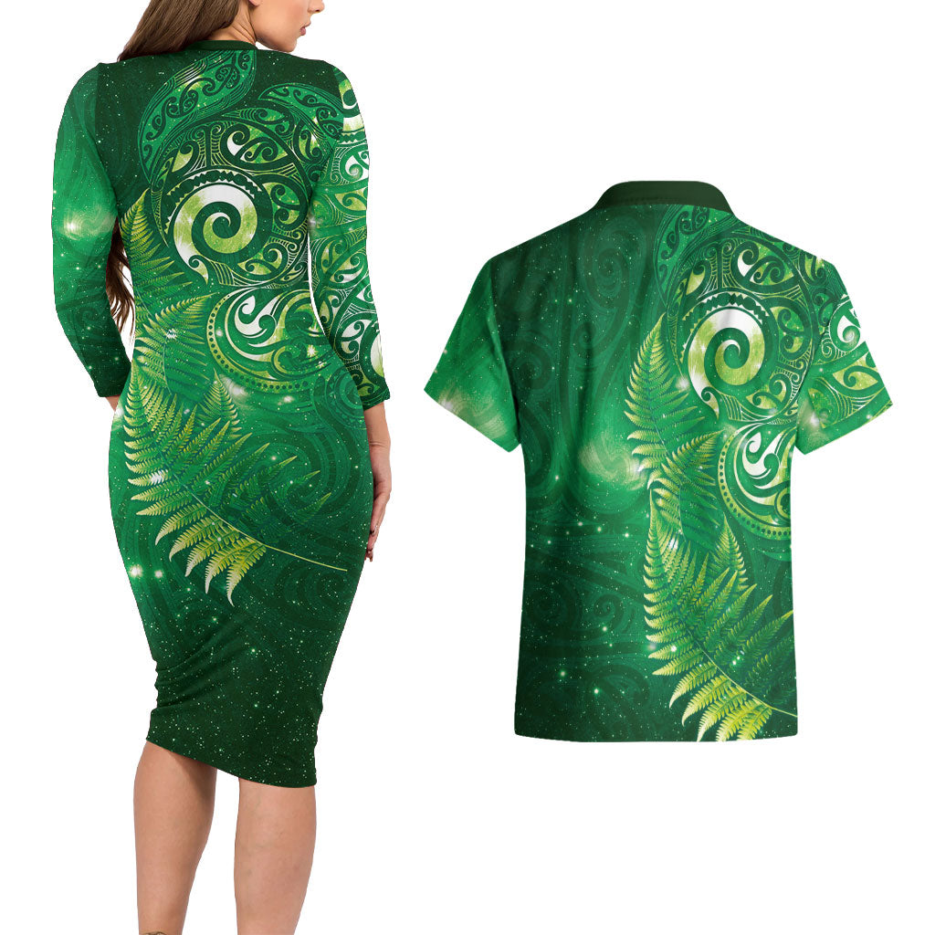 Aotearoa New Zealand New Year Couples Matching Long Sleeve Bodycon Dress and Hawaiian Shirt Tribal Koru Tattoo Green Galaxy Maori Silver Fern LT03 - Polynesian Pride