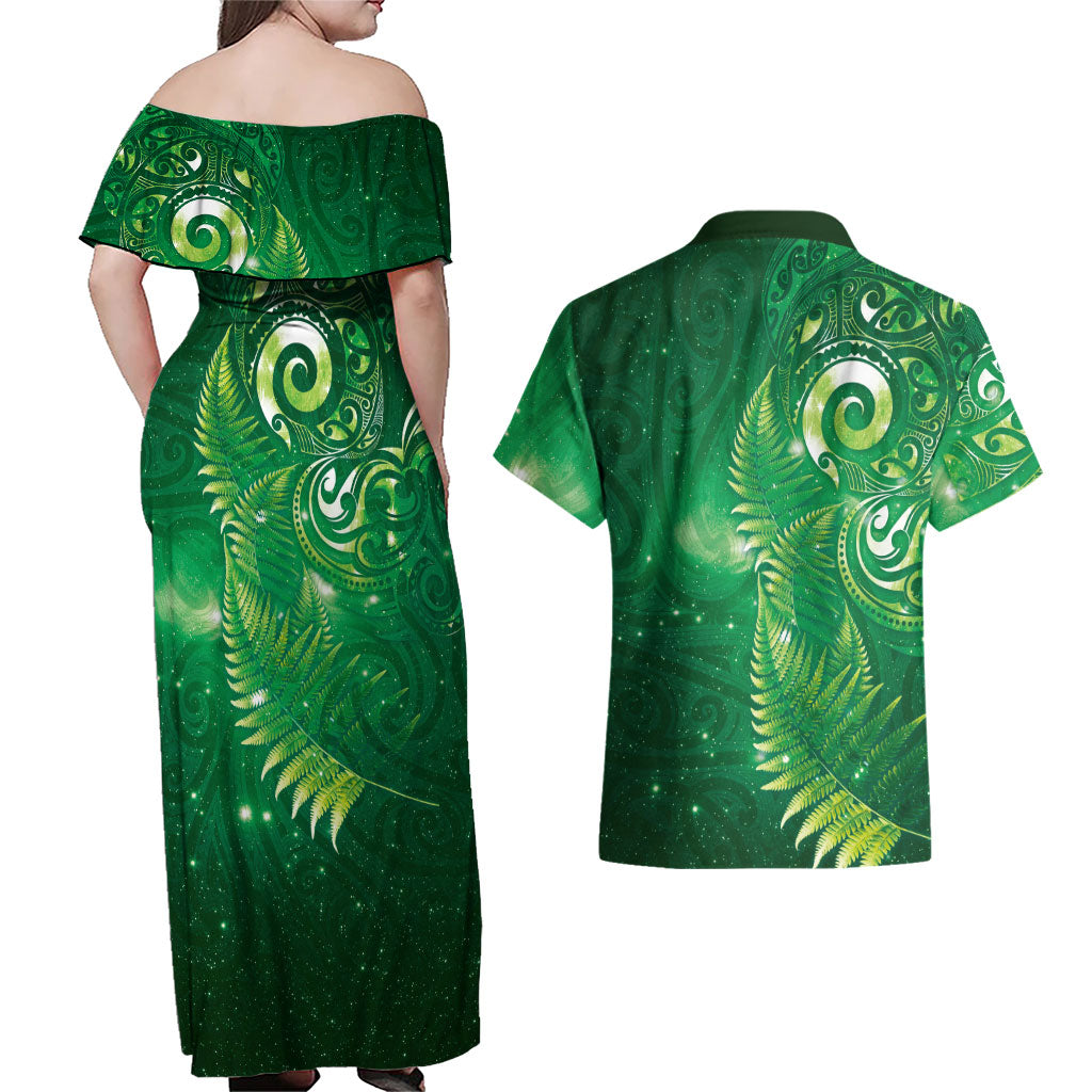 Aotearoa New Zealand New Year Couples Matching Off Shoulder Maxi Dress and Hawaiian Shirt Tribal Koru Tattoo Green Galaxy Maori Silver Fern LT03 - Polynesian Pride