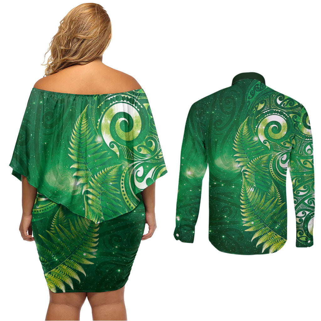 Aotearoa New Zealand New Year Couples Matching Off Shoulder Short Dress and Long Sleeve Button Shirt Tribal Koru Tattoo Green Galaxy Maori Silver Fern LT03 - Polynesian Pride