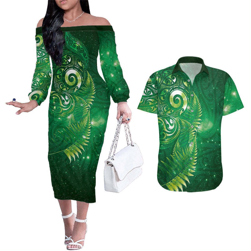 Aotearoa New Zealand New Year Couples Matching Off The Shoulder Long Sleeve Dress and Hawaiian Shirt Tribal Koru Tattoo Green Galaxy Maori Silver Fern