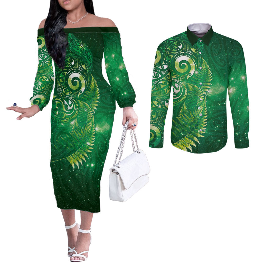 Aotearoa New Zealand New Year Couples Matching Off The Shoulder Long Sleeve Dress and Long Sleeve Button Shirt Tribal Koru Tattoo Green Galaxy Maori Silver Fern LT03 Green - Polynesian Pride