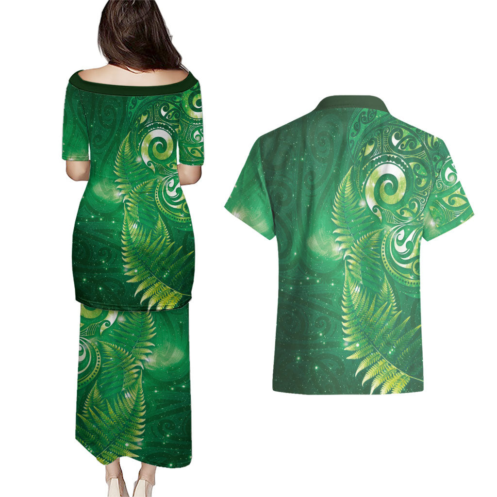 Aotearoa New Zealand New Year Couples Matching Puletasi and Hawaiian Shirt Tribal Koru Tattoo Green Galaxy Maori Silver Fern LT03 - Polynesian Pride