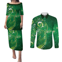Aotearoa New Zealand New Year Couples Matching Puletasi and Long Sleeve Button Shirt Tribal Koru Tattoo Green Galaxy Maori Silver Fern LT03 Green - Polynesian Pride