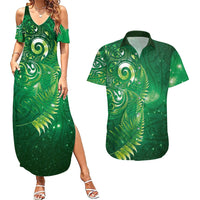 Aotearoa New Zealand New Year Couples Matching Summer Maxi Dress and Hawaiian Shirt Tribal Koru Tattoo Green Galaxy Maori Silver Fern LT03 Green - Polynesian Pride