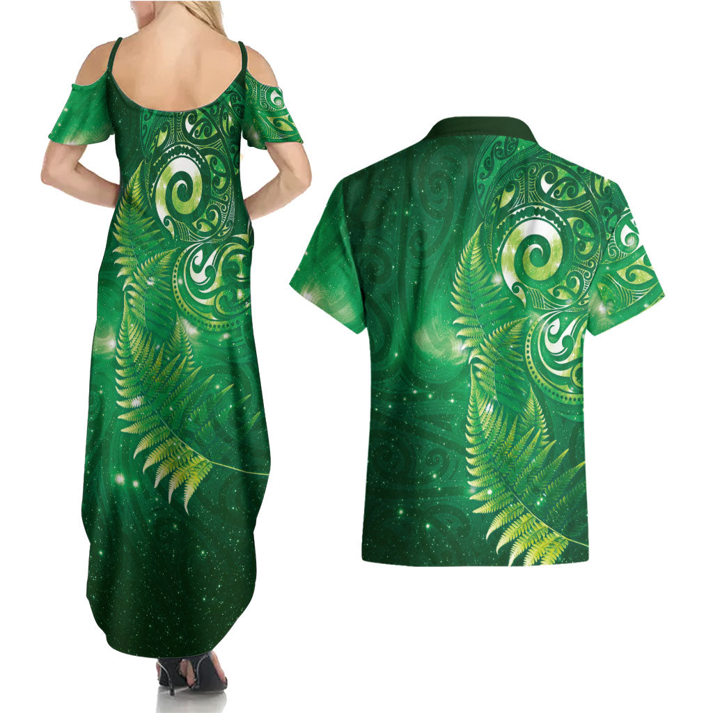 Aotearoa New Zealand New Year Couples Matching Summer Maxi Dress and Hawaiian Shirt Tribal Koru Tattoo Green Galaxy Maori Silver Fern LT03 - Polynesian Pride