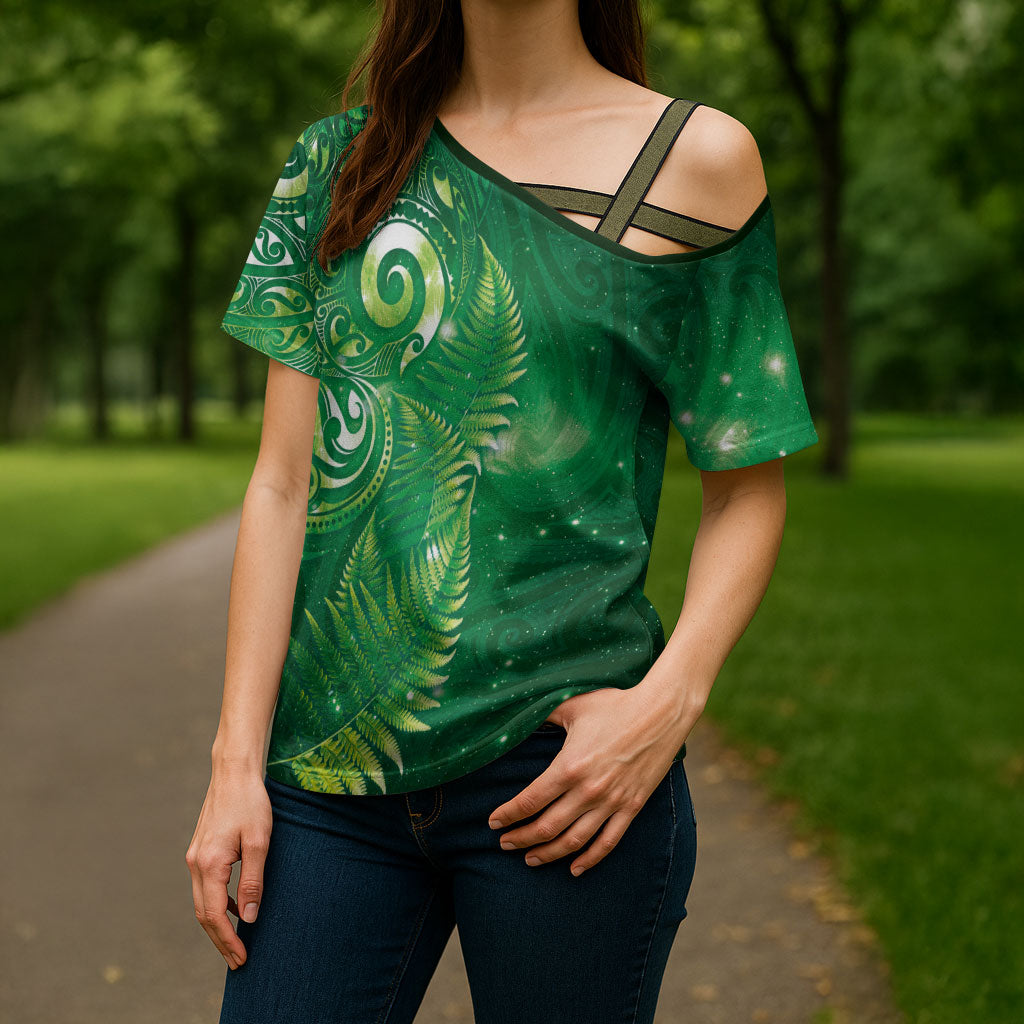 Aotearoa New Zealand New Year Cross Shoulder Shirt Tribal Koru Tattoo Green Galaxy Maori Silver Fern LT03 - Polynesian Pride