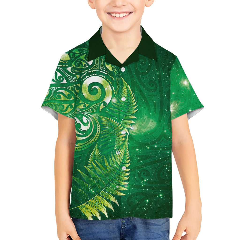Aotearoa New Zealand New Year Family Matching Mermaid Dress and Hawaiian Shirt Tribal Koru Tattoo Green Galaxy Maori Silver Fern LT03 Son's Shirt Green - Polynesian Pride