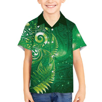 Aotearoa New Zealand New Year Family Matching Mermaid Dress and Hawaiian Shirt Tribal Koru Tattoo Green Galaxy Maori Silver Fern LT03 Son's Shirt Green - Polynesian Pride
