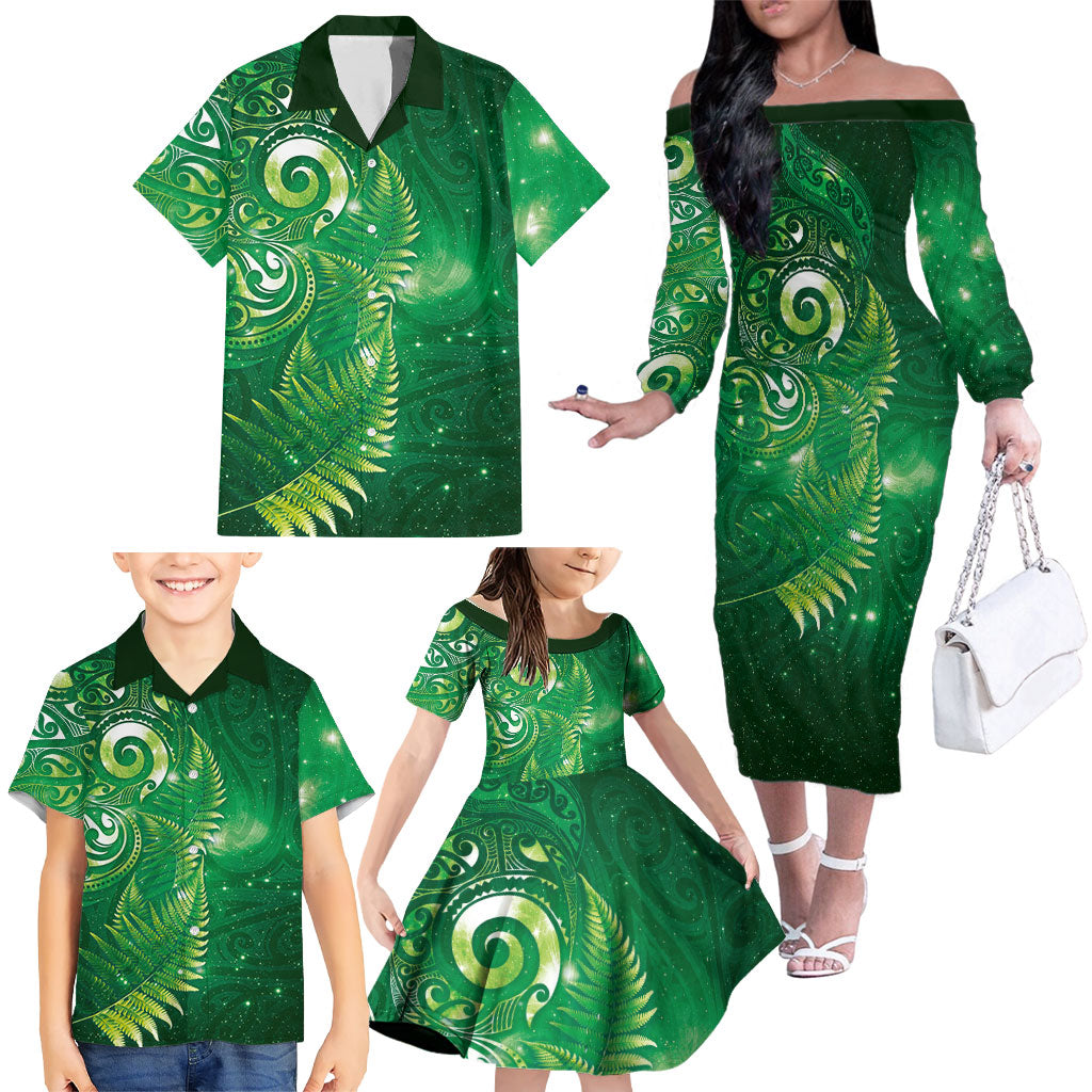 Aotearoa New Zealand New Year Family Matching Off The Shoulder Long Sleeve Dress and Hawaiian Shirt Tribal Koru Tattoo Green Galaxy Maori Silver Fern