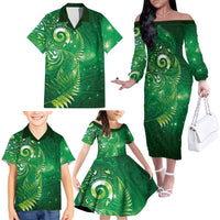 Aotearoa New Zealand New Year Family Matching Off The Shoulder Long Sleeve Dress and Hawaiian Shirt Tribal Koru Tattoo Green Galaxy Maori Silver Fern LT03 - Polynesian Pride