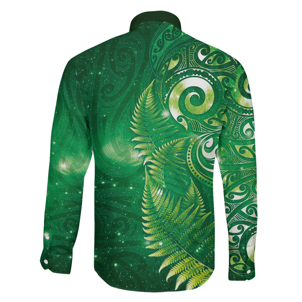 Aotearoa New Zealand New Year Family Matching Off The Shoulder Long Sleeve Dress and Hawaiian Shirt Tribal Koru Tattoo Green Galaxy Maori Silver Fern LT03 - Polynesian Pride
