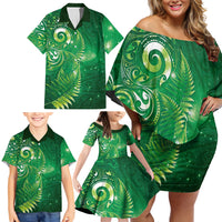Aotearoa New Zealand New Year Family Matching Off Shoulder Short Dress and Hawaiian Shirt Tribal Koru Tattoo Green Galaxy Maori Silver Fern LT03 - Polynesian Pride