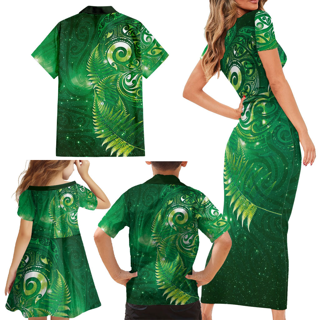 Aotearoa New Zealand New Year Family Matching Short Sleeve Bodycon Dress and Hawaiian Shirt Tribal Koru Tattoo Green Galaxy Maori Silver Fern LT03 - Polynesian Pride