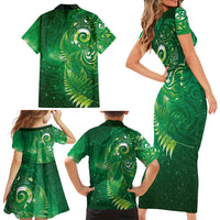 Aotearoa New Zealand New Year Family Matching Short Sleeve Bodycon Dress and Hawaiian Shirt Tribal Koru Tattoo Green Galaxy Maori Silver Fern LT03 - Polynesian Pride