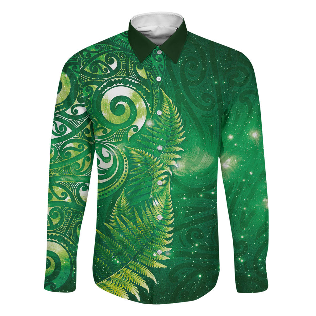 Aotearoa New Zealand New Year Family Matching Short Sleeve Bodycon Dress and Hawaiian Shirt Tribal Koru Tattoo Green Galaxy Maori Silver Fern LT03 Dad's Shirt - Long Sleeve Green - Polynesian Pride