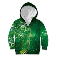 Aotearoa New Zealand New Year Kid Hoodie Tribal Koru Tattoo Green Galaxy Maori Silver Fern LT03 Zip Hoodie Green - Polynesian Pride