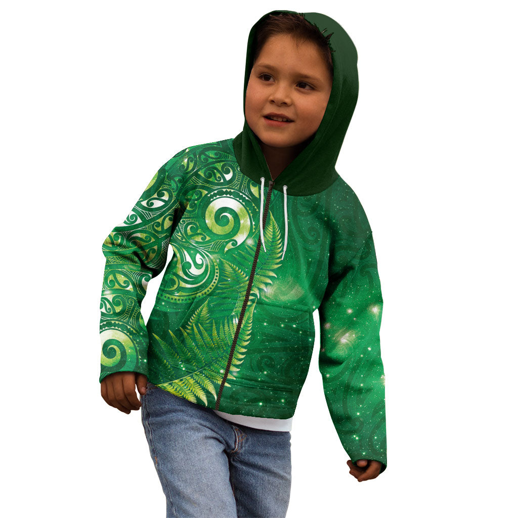 Aotearoa New Zealand New Year Kid Hoodie Tribal Koru Tattoo Green Galaxy Maori Silver Fern LT03 - Polynesian Pride