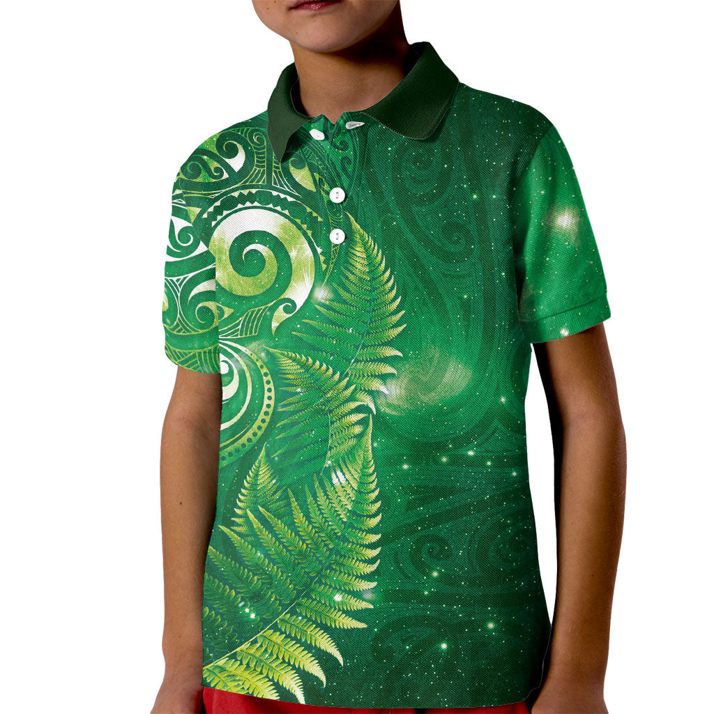 Aotearoa New Zealand New Year Kid Polo Shirt Tribal Koru Tattoo Green Galaxy Maori Silver Fern