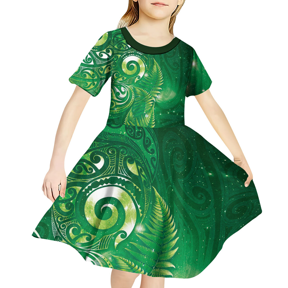 Aotearoa New Zealand New Year Kid Short Sleeve Dress Tribal Koru Tattoo Green Galaxy Maori Silver Fern LT03 - Polynesian Pride