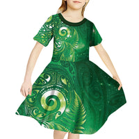 Aotearoa New Zealand New Year Kid Short Sleeve Dress Tribal Koru Tattoo Green Galaxy Maori Silver Fern LT03 - Polynesian Pride