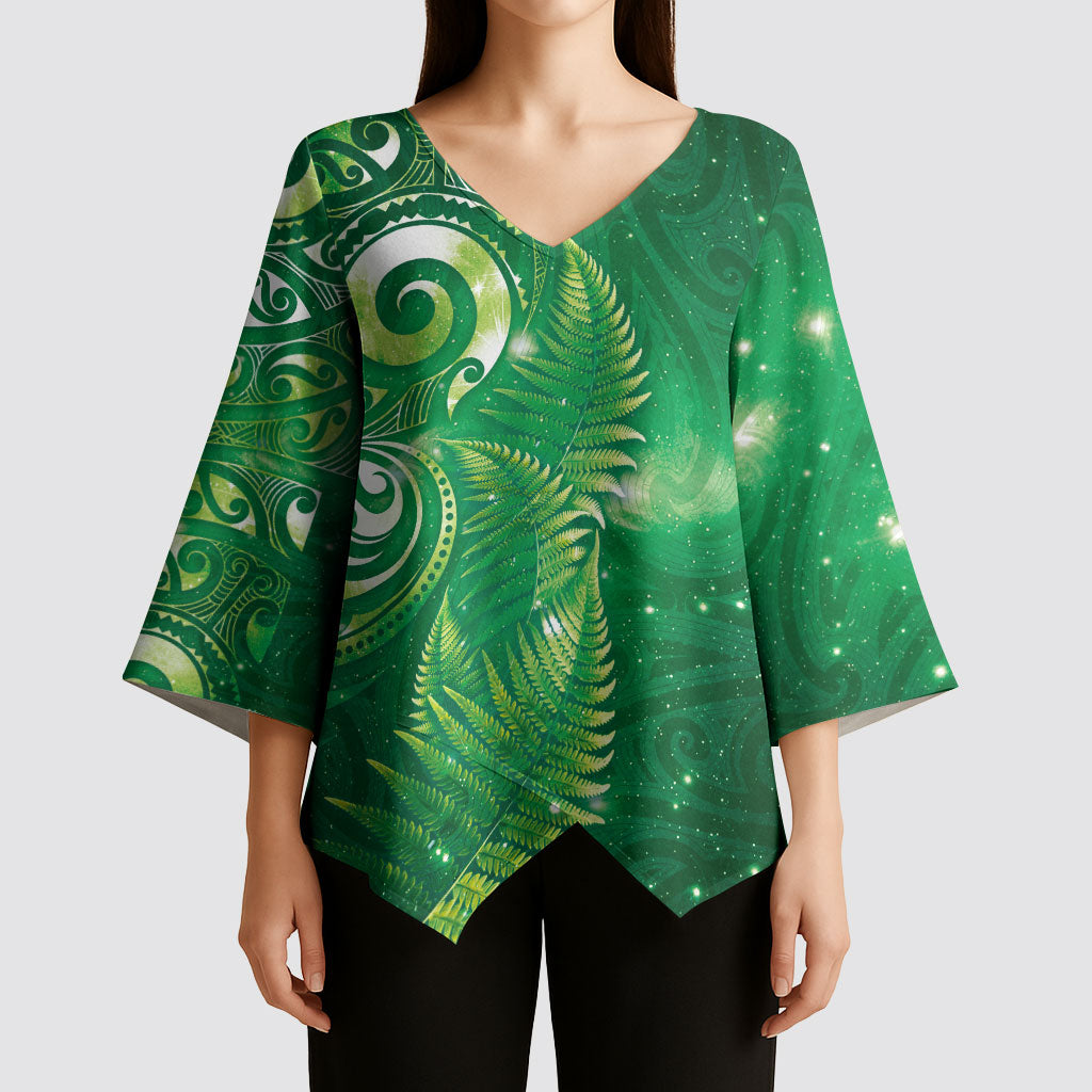 Aotearoa New Zealand New Year Kimono Sleeve Blouse Tribal Koru Tattoo Green Galaxy Maori Silver Fern LT03 - Polynesian Pride