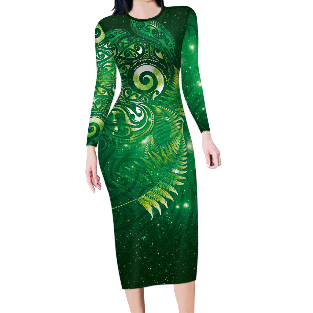 Aotearoa New Zealand New Year Long Sleeve Bodycon Dress Tribal Koru Tattoo Green Galaxy Maori Silver Fern