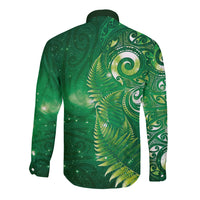 Aotearoa New Zealand New Year Long Sleeve Button Shirt Tribal Koru Tattoo Green Galaxy Maori Silver Fern LT03 - Polynesian Pride
